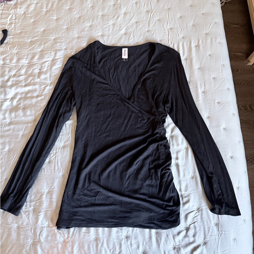 Elegant Black Long Sleeve Women's Top Ruched Faux Wrap